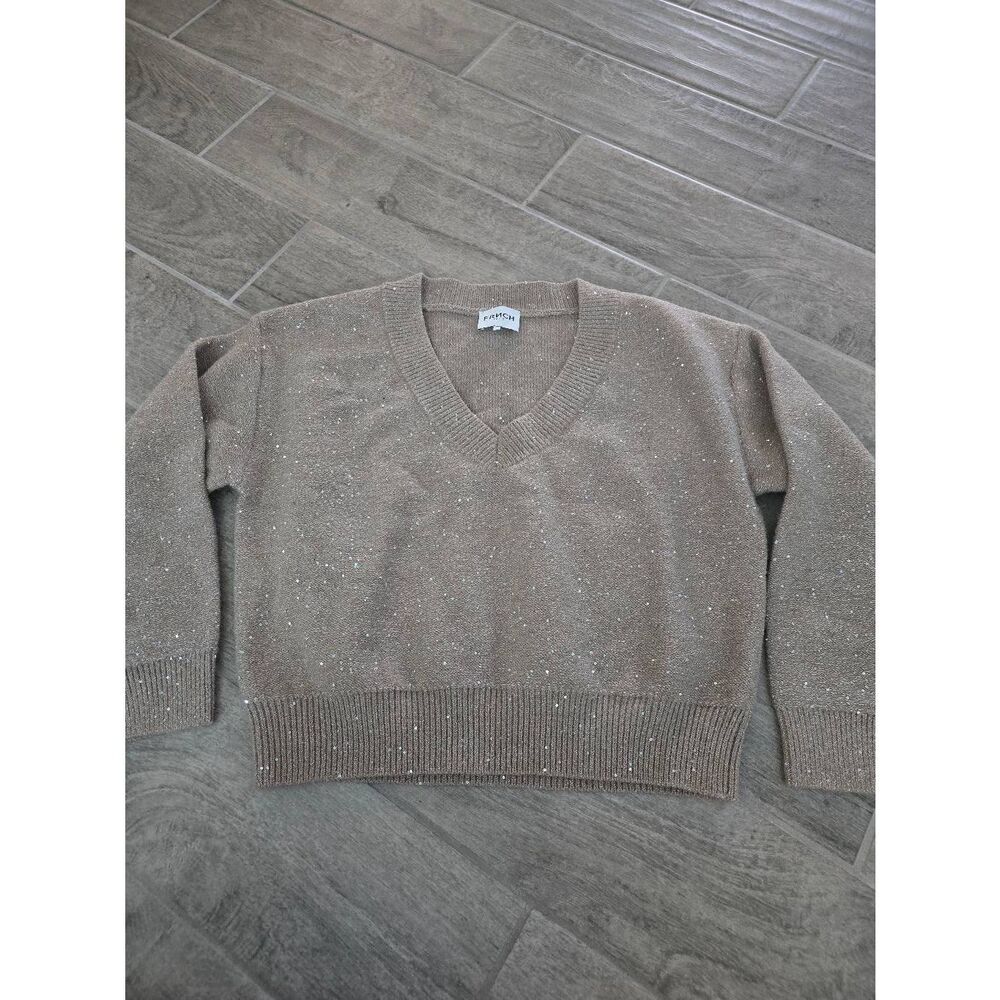 Women's FRNCH x Anthropologie V Neck Shine Pullover Sweater Shimmer Shine Greige